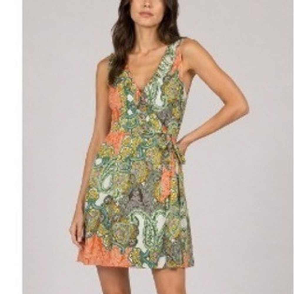 Tommy Hilfiger Women's Coral Multi Paisley Sleeveless Faux Wrap Dress Size XL